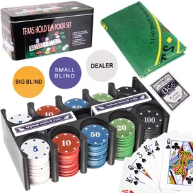 Texas Hold&#039;Em póker szett, fémdobozban, 200 zsetonnal, 2 pakli kártyával, asztali játékszőnyeggel