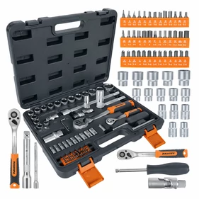 72 részes professzionális szerszámkészlet, dugókulcs készlet, 1/4" és 1/2" racsnis készlet bitfejekkel, CrV acélból, praktikus kofferben