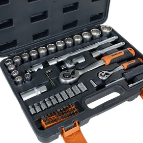 72 részes professzionális szerszámkészlet, dugókulcs készlet, 1/4" és 1/2" racsnis készlet bitfejekkel, CrV acélból, praktikus kofferben