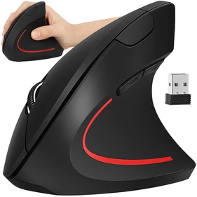 Vezetéknélküli álló egér, ergonomikus, csuklókímélő, függőleges egér számítógéphez, univerzális, USB 2,4 GHz, fekete