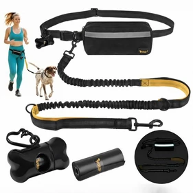 Kéz nélküli, lengéscsillapítós sport póráz derékövvel, 200 cm-es rugalmas póráz, állítható 70–120 cm deréköv, nagytestű kutyákhoz 50 kg-ig, fényvisszaverő elemekkel