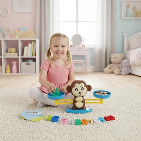 Fejlesztőjáték, játékmérleg, feladatkártyákkal, számokkal, figurákkal, 3 éves kortól