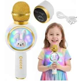 Vezeték nélküli fehér nyuszis karaoke mikrofon és hangszóró, RGB fényekkel és hangtorzítóval 