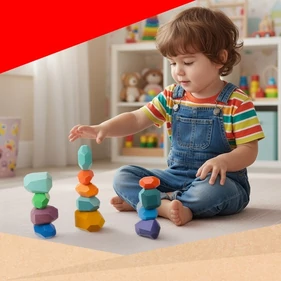 Fa készségfejlesztő építőjáték, 16 darabos, szikla alakú elemekkel, Montessori elvű, színes