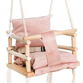 Gyermekhinta, beltéri és kültéri fahinta, bársonyos plüss belsővel, biztonsági övvel, 25 kg-ig, rózsaszín