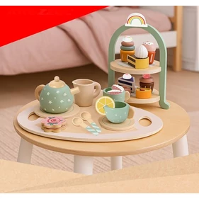 Fából készült játék teás készlet és süteménysziget 15 db kiegészítővel, süteményekkel, tortatartóval