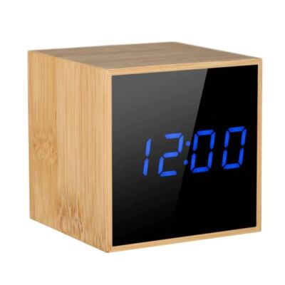Bambusz borítású programozható digitális ébresztőóra hőmérővel, kék számjegyekkel