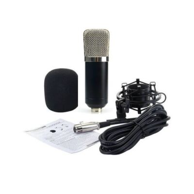 Klasszikus kondenzátor mikrofon podcast-hez, kiegészítőkkel, ezüst színű védőráccsal