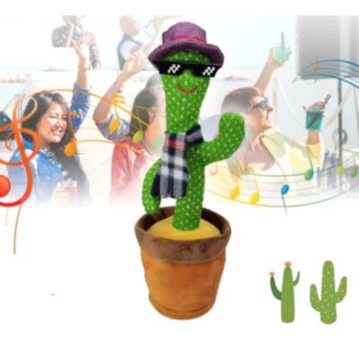 Interaktív visszabeszélő táncoló, zenélő, világító kaktusz, hangfelvétellel, napszemüveges, akkus, USB kábellel