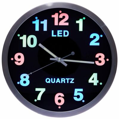 Fémkeretes analóg quartz falióra színes LED számlappal, 25.5 cm