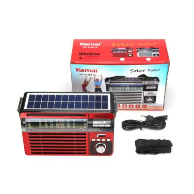 Hordozható akkumulátoros napelemes rádió, beépített LED lámpával és Bluetooth kapcsolattal, piros