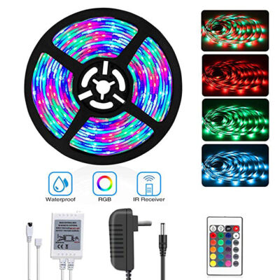 5 méteres vízálló RGB LED szalag készlet távirányítóval és tápegységgel