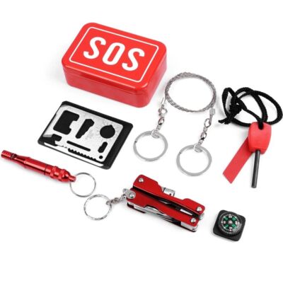 SOS 6 részes multifunkciós túlélő készlet piros fém dobozban