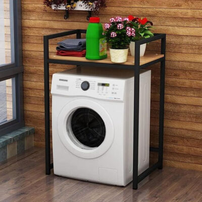 Elite Home® masszív fém fürdőszobai polc mosógép fölé fa polccal, fekete - 100 cm