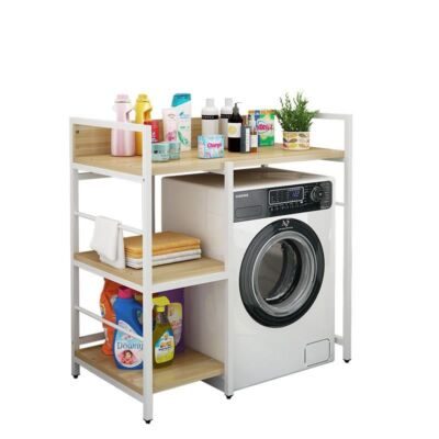 Elite Home® 3 szintes, masszív fém fürdőszobai polc mosógép fölé fa polcokkal, fehér - 100 cm