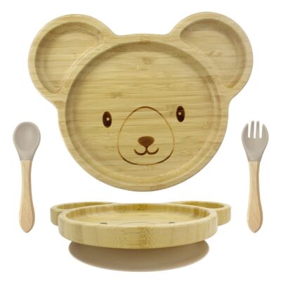 Elite Home® mackó formájú bambusz tányér tapadókorongos talppal, gyermek étkezőkészlet szilikon fejű kanállal és villával, 3 db-os szett
