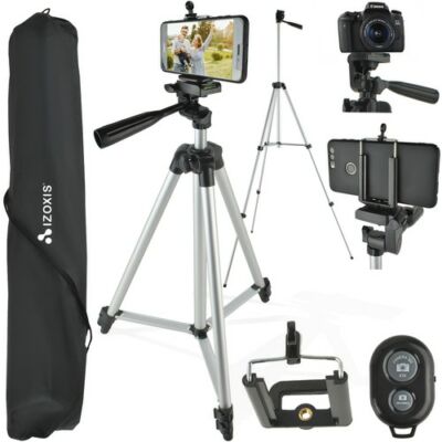 Állítható magasságú kamera-, telefon-, fényképezőgép állvány, tripod, távvezérlővel Androidos és iOS-es okostelefonokhoz