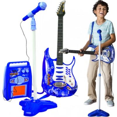Elektromos gitár gyerekeknek, állványos mikrofonnal és erősítővel, kék színben