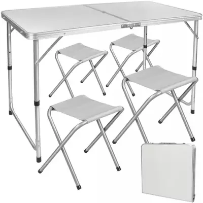 Összecsukható kemping szett, 1 db alumínium asztal 4 db székkel, 120×60,5 cm-es asztallappal