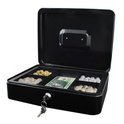 Fém pénztartó doboz, pénzkazetta, aprópénztartóval, 2 db kulccsal, fekete színben