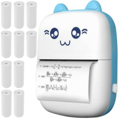 Mini hőpapíros nyomtató, Bluetooth kapcsolattal, USB csatlakozással, 10+1 tekercs papírral, cicamintás, kék-fehér színben