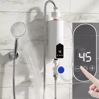LED kijelzős átfolyós vízmelegítő zuhanyfejjel, 3,5 kW, konyhai vagy fürdőszobai bekötésre, gégecsővel, függőleges bekötéssel, falra szerelhető, RYK-006
