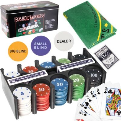 Texas Hold'Em póker szett, fémdobozban, 200 zsetonnal, 2 pakli kártyával, asztali játékszőnyeggel
