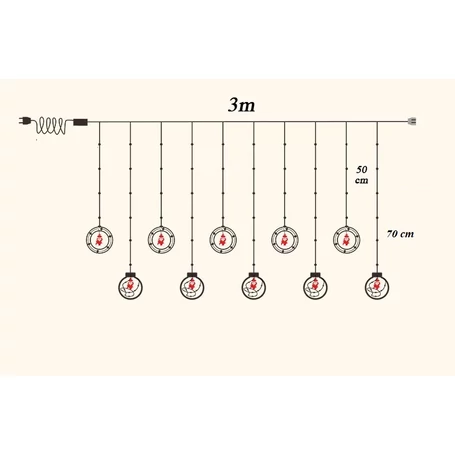 Karácsonyi LED fényfüzér gömbökkel, karikákkal, mikulásos, hidegfehér, 3m