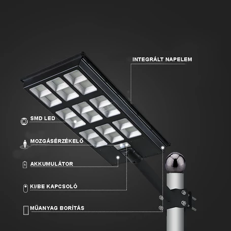 Napelemes utcai, udvari LED lámpa mozgásérzékelővel + távirányítóval - 2000W