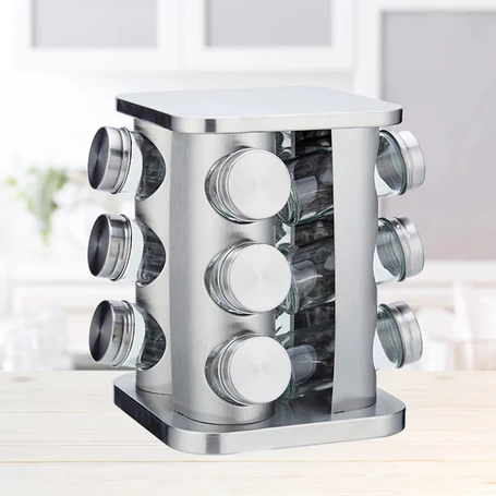 12 részes üveg fűszertartó készlet forgatható inox fém állvánnyal