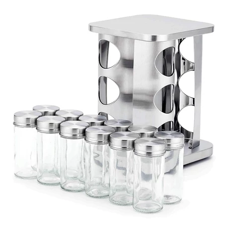 12 részes üveg fűszertartó készlet forgatható inox fém állvánnyal