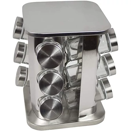 12 részes üveg fűszertartó készlet forgatható inox fém állvánnyal