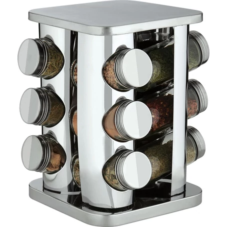 12 részes üveg fűszertartó készlet forgatható inox fém állvánnyal