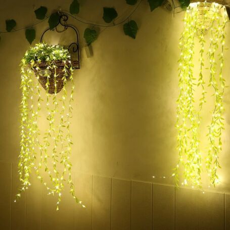 2x2 méteres ledes fényfüggöny apró zöld levelekkel, 8 programos, sorolható, melegfehér