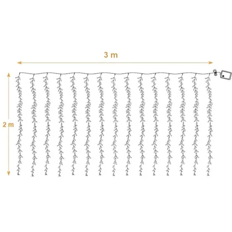 3x2 méteres ledes fényfüggöny apró zöld levelekkel, 8 programos, sorolható, melegfehér