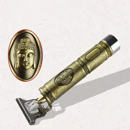 Fém markolatú akkumulátoros precíziós hajnyíró készülék domború motívumokkal, tartozékokkal