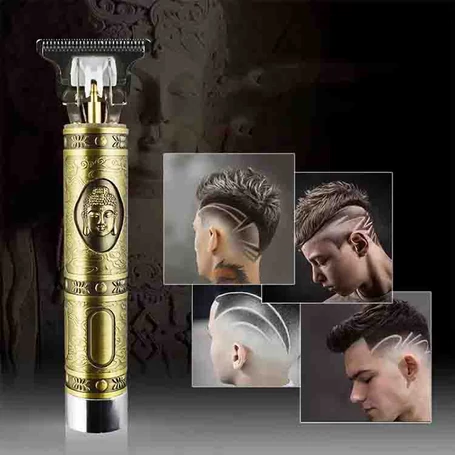 Fém markolatú akkumulátoros precíziós hajnyíró készülék domború motívumokkal, tartozékokkal