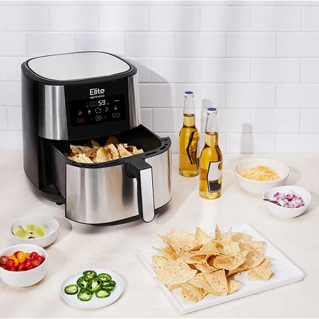 Értékcsökkent - Elite® 8 L-es Air Fryer + receptkönyv, 1800W olaj nélküli forró levegős fritőz digitális kijelzővel, elegáns rozsdamentes acél burkolattal