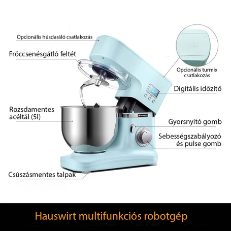 Hauswirt 8 sebességes konyhai robotgép, 550 W teljesítménnyel, 5 literes keverőtállal, világoskék