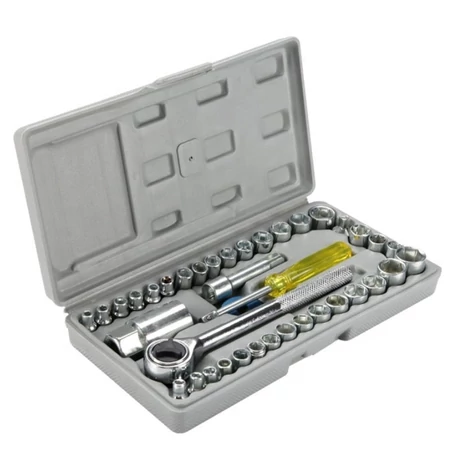 AIWA 40 részes racsnis dugókulcs készlet kiegészítőkkel, műanyag dobozban