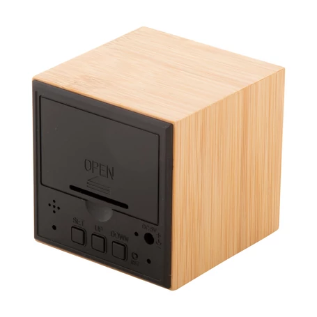 Bambusz borítású programozható digitális ébresztőóra hőmérővel, kék számjegyekkel