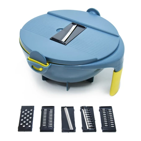 Konyhai szeletelő készlet műanyag tállal, szűrővel, 5 cserélhető pengével