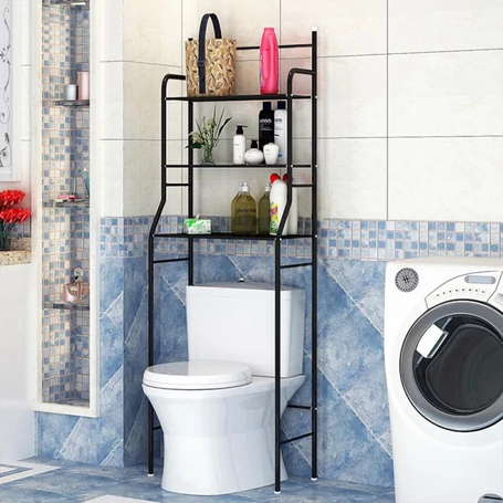 3 szintes fém polcrendszer, tároló, WC fölé, 163cm, fekete