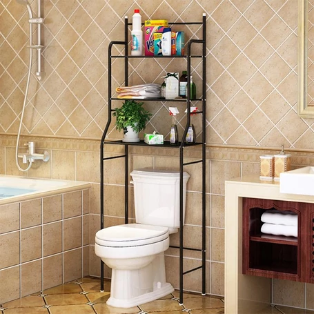 3 szintes fém polcrendszer, tároló, WC fölé, 163cm, fekete