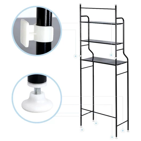 3 szintes fém polcrendszer, tároló, WC fölé, 163cm, fekete