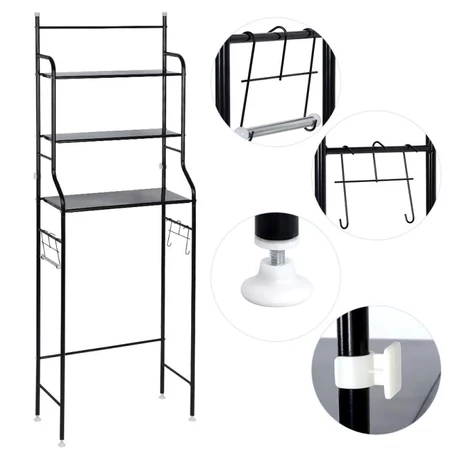 3 szintes fém polcrendszer, tároló, WC fölé, 163cm, fekete