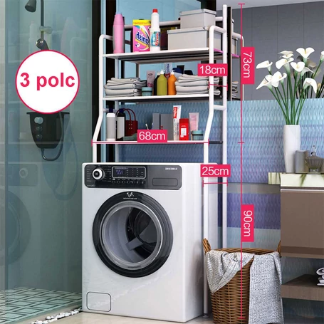 3 szintes fém polcrendszer, tároló, mosógép fölé, 163cm, fehér