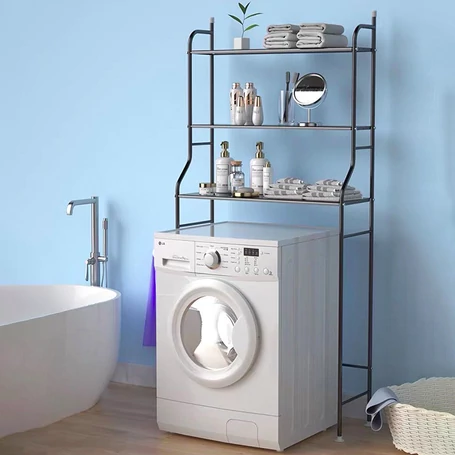 3 szintes fém polcrendszer, tároló, mosógép fölé, 152 cm, fekete