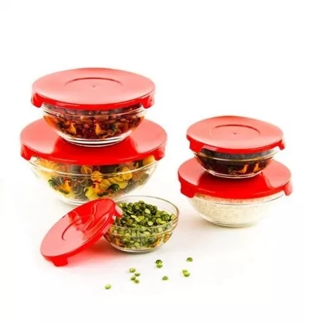 5 részes tálaló, üvegtál szett, műanyag fedőkkel