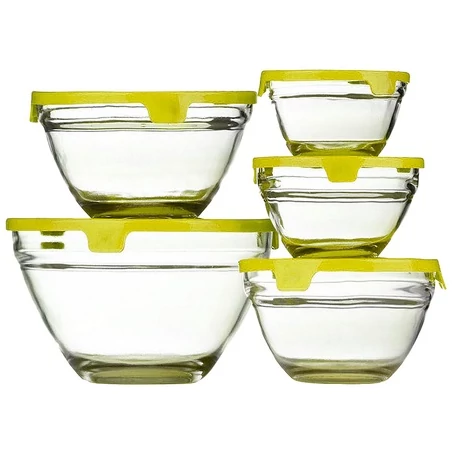 5 részes tálaló, üvegtál szett, műanyag fedőkkel